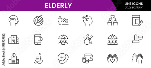 Elderly icon set. elderly care, pension, vision loss, and more. line icon style. old age element vector illustration