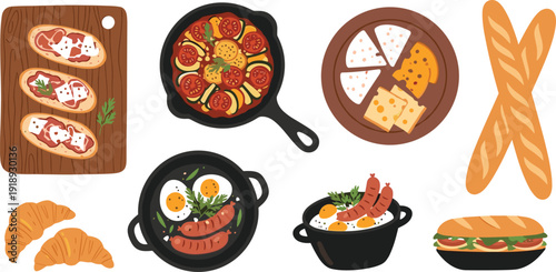 Hand drawn breakfast and brunch food set with croissants sausages eggs sandwiches bread and cheese vector illustration collection