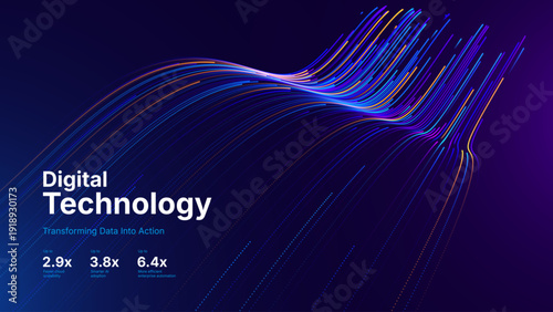 Technology Big Data Flow Background with AI Particles and Digital Stream Lines. Futuristic Data Science Concept. Tech Business Presentation or Annual Report Template. Vector Illustration.
