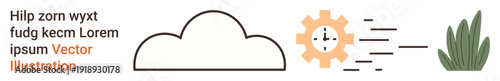 Technology progress, environmental sustainability, time management, cloud services, ecological efficiency, workflow automation. Cloud, gear clock motion lines and grass visual. Technology progress