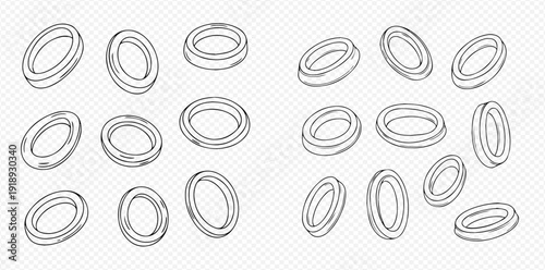 Set of hand-drawn onion rings in various positions, black and white outline vector illustration.