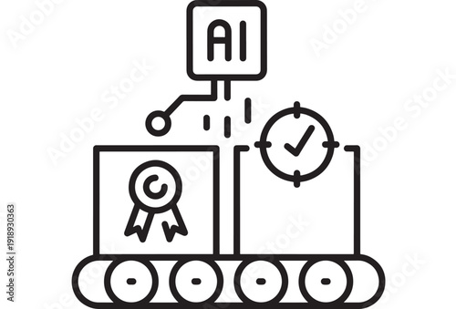 Conveyor belt manufacturing icon with AI control panel, quality assurance certification ribbon and inspection checkmark, automation line art vector on white background