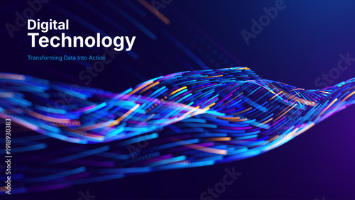 Technology Big Data Flow Background with AI Particles and Digital Stream Lines. Futuristic Data Science Concept. Tech Business Presentation or Annual Report Template. Vector Illustration.