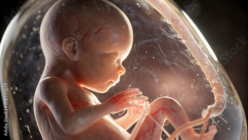 Close up view of fetus inside amniotic sac during pregnancy