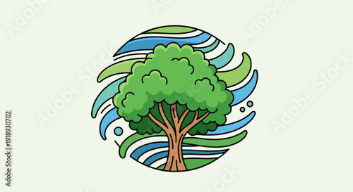 Eco friendly tree symbol with green leaves and blue waves on a light background representing nature and sustainability