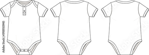 White baby onesie technical with front and back views baby clothes technical garment short sleeve snap buttons