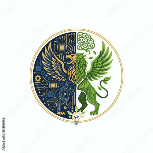 Mythical creature emblem featuring a green winged lion with golden accents and circuit board design on a circular logo