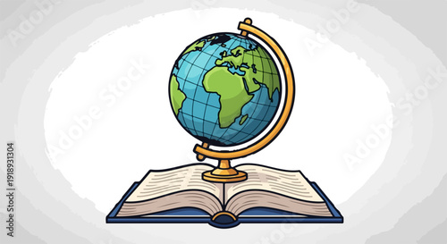 Globe on open book education and learning concept with earth on stand symbolizing global knowledge and exploration in a classroom setting