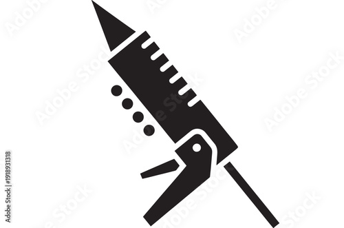 Soldering iron icon with stand and heat indicator dots, minimal black silhouette tool symbol for electronics repair, DIY workshop, circuit board maintenance