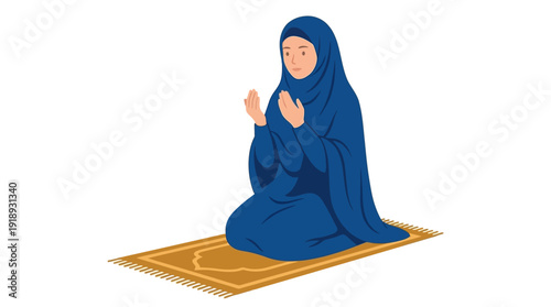 Peaceful illustration of a devoted Muslim woman kneeling on a prayer mat, engaged in spiritual worship and supplication