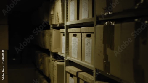 Dark case file room with boxes