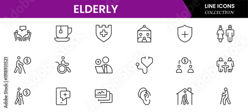 Elderly icon set. elderly care, pension, vision loss, and more. line icon style. old age element vector illustration
