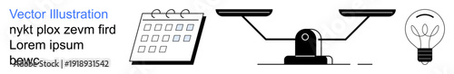 Time management, decision-making, innovation, organization, work-life balance, creativity. Calendar, scale and lightbulb symbols. Time management and decision-making concept