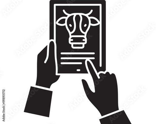Tablet showing cow identification card icon with hands touching screen, livestock registration and farm management concept, black and white vector silhouette