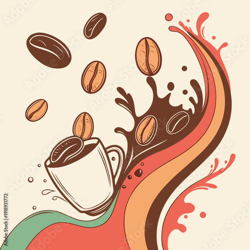 Retro Coffee Splash Illustration with Beans and Mug