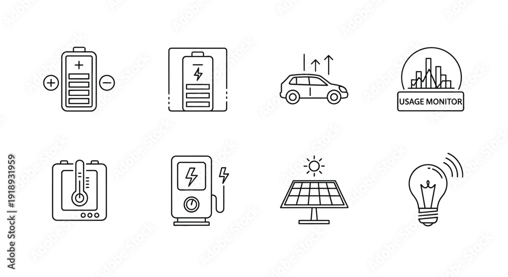 Fototapeta premium Electric Vehicle Charging and Green Energy Outline Icons Set Illustration