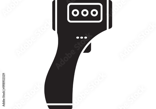 Thermometer infrared gun icon with digital sensor screen, handheld temperature scanner silhouette for fever check, medical diagnostics, touchless measurement, isolated