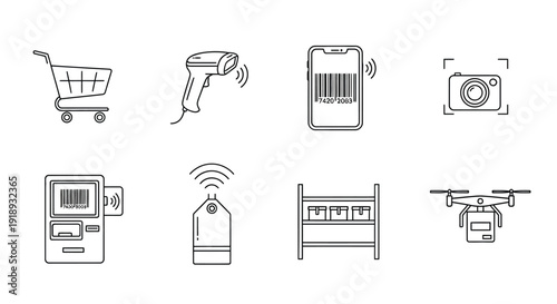 Retail Technology Outline Icons Set Illustration