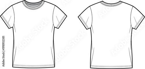 Blank t shirt mockup illustration, front and back apparel template, casual clothing outline design, printable garment vector layout