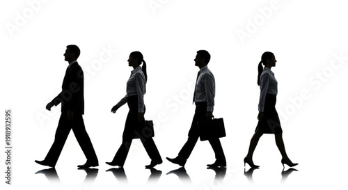 Silhouetted business professionals walking in a line, carrying briefcases and communicating, set against a transparent background from a neutral viewpoint