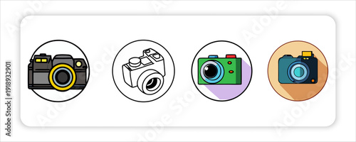 Collection of Photography and Video Production Equipment Silhouettes Including Cameras, Tripods, Studio Lights, Clapperboard, Film Strips, and Backpack for Creative Media.