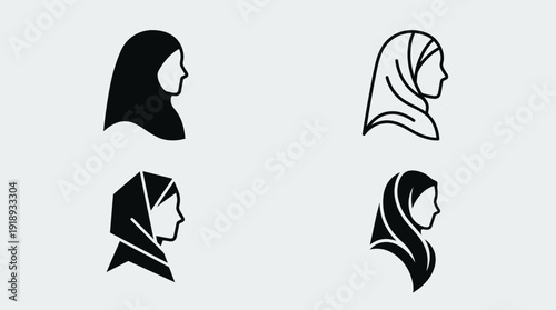 Stylized vector illustrations of diverse women in hijabs, showcasing a variety of elegant headscarf designs in profile silhouettes