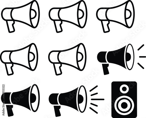 Megaphone silhouette icon set, loudspeaker announcement symbols collection, marketing promotion communication devices, advertising broadcast speaker shapes, audio alert illustration
