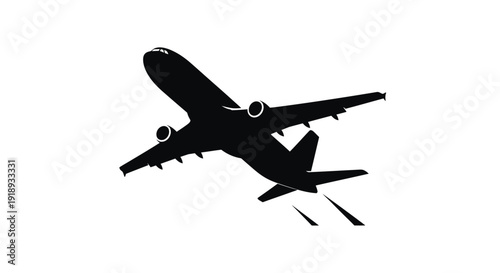 Silhouetted airplane in flight with visible engine exhaust trails