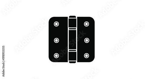 Black door hinge illustration against a stark white background