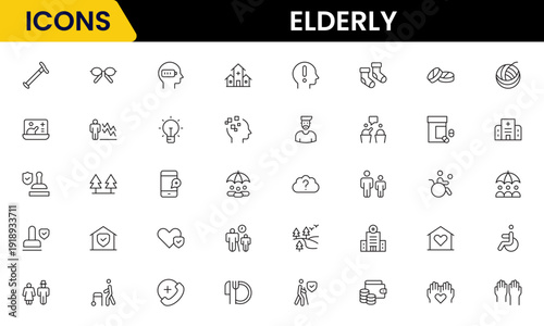 Elderly icon set. elderly care, pension, vision loss, and more. line icon style. old age element vector illustration
