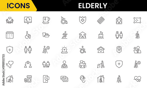 Elderly icon set. elderly care, pension, vision loss, and more. line icon style. old age element vector illustration