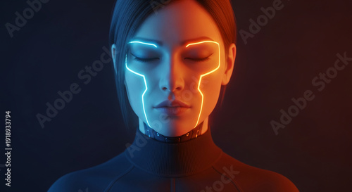 Close-up of a person with closed eyes, illuminated by glowing blue and red lines on face, suggesting technology, future, and dualism concept
