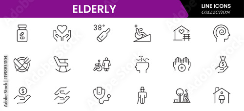 Elderly icon set. elderly care, pension, vision loss, and more. line icon style. old age element vector illustration