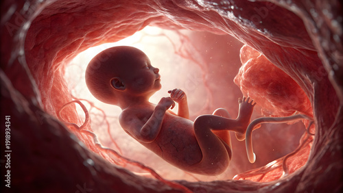 3D rendered illustration of a peaceful fetus inside the womb