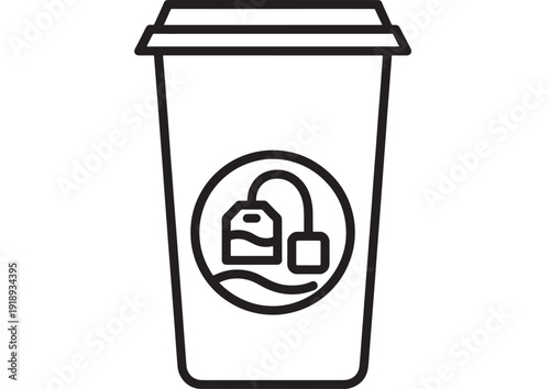 Cup tea icon with teabag label and string, takeaway paper tumbler outline, minimal black line symbol for cafe menu, hot drink packaging, isolated on white