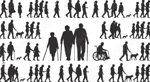 People walking silhouette illustration set, diverse family crowd figures, elderly disability characters, urban pedestrian outline, community lifestyle design