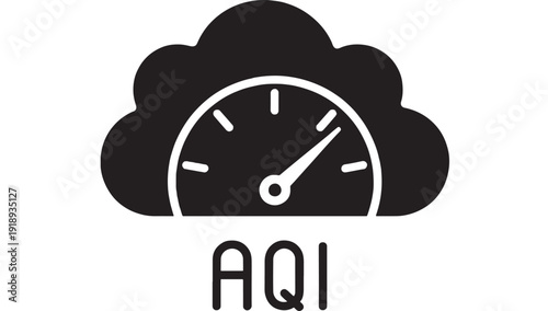 AQI air quality icon with cloud and gauge speedometer symbol, minimal black silhouette pictogram for pollution level monitoring, smog alert, weather and environment UI