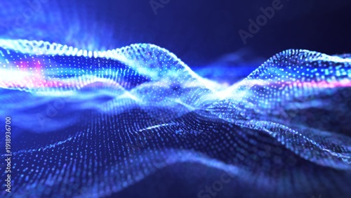Photography Abstract blue wave light pattern resembling a digital or organic flow, with a so
