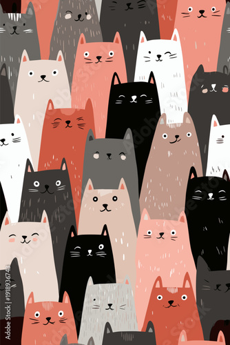 Cute cat pattern creating seamless animal background texture. Many cute cats with different expressions forming a seamless animal pattern