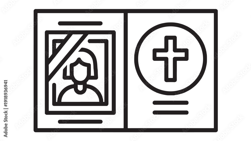 Obraz premium Passport medical record icon with cross symbol and ID photo on open booklet, line outline style for travel health document, vaccination certificate and clinic paperwork