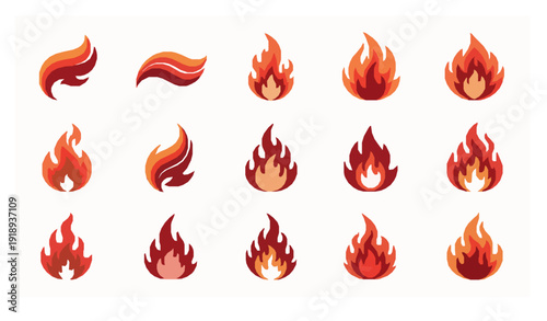Stylized Flat Fire and Flame Vector Icon Collection of 29 Fully Layered Symbols