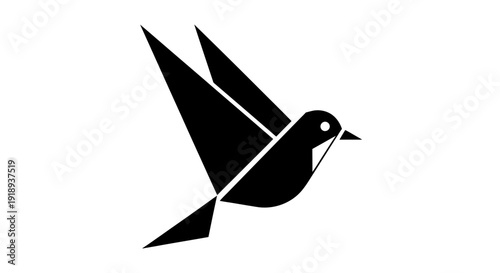 Geometric black bird silhouette in dynamic flight pose abstract origami style symbolizing