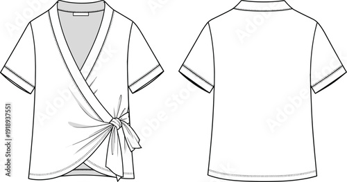 White wrap shirt with short sleeves front and back views fashion clothing garment