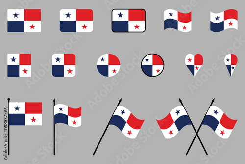 Panama National Flag Vector Icon Set - Panamanian Flags in Heart, Circle, Square, and Waving Shapes.