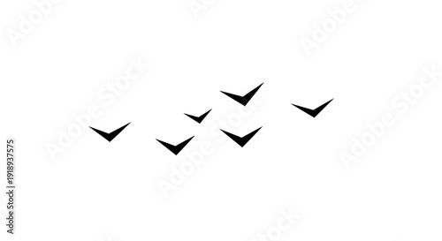 Flock of stylized black birds in v formation soaring across a clean white background