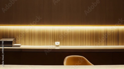 Modern interior featuring a sleek wooden counter, warm led lighting, and textured wall paneling, creating an inviting and tranquil aesthetic for a contemporary space