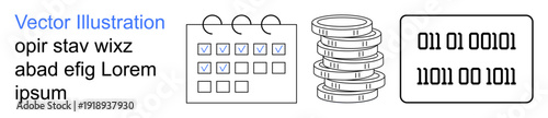 Time management, digital transactions, financial analysis, data storage, technological concepts, task organization. Calendar with check marks, coins binary code. Time management and digital