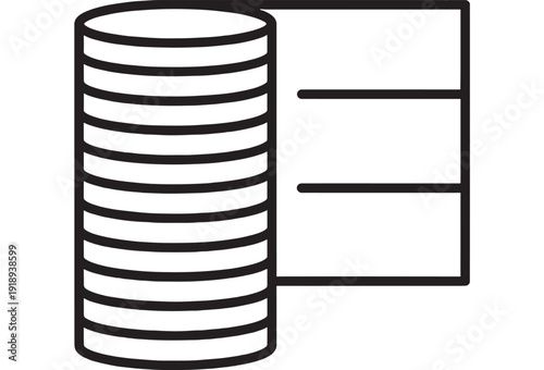 Database server icon with stacked disk cylinder and table rows, simple black outline pictogram for data storage, SQL hosting, backup, analytics, and cloud computing