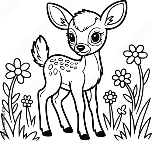 A cute baby deer fawn stands in a field of blooming flowers on a sunny day