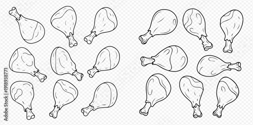 A collection of hand-drawn chicken drumsticks in a black and white sketch style on a transparent background.